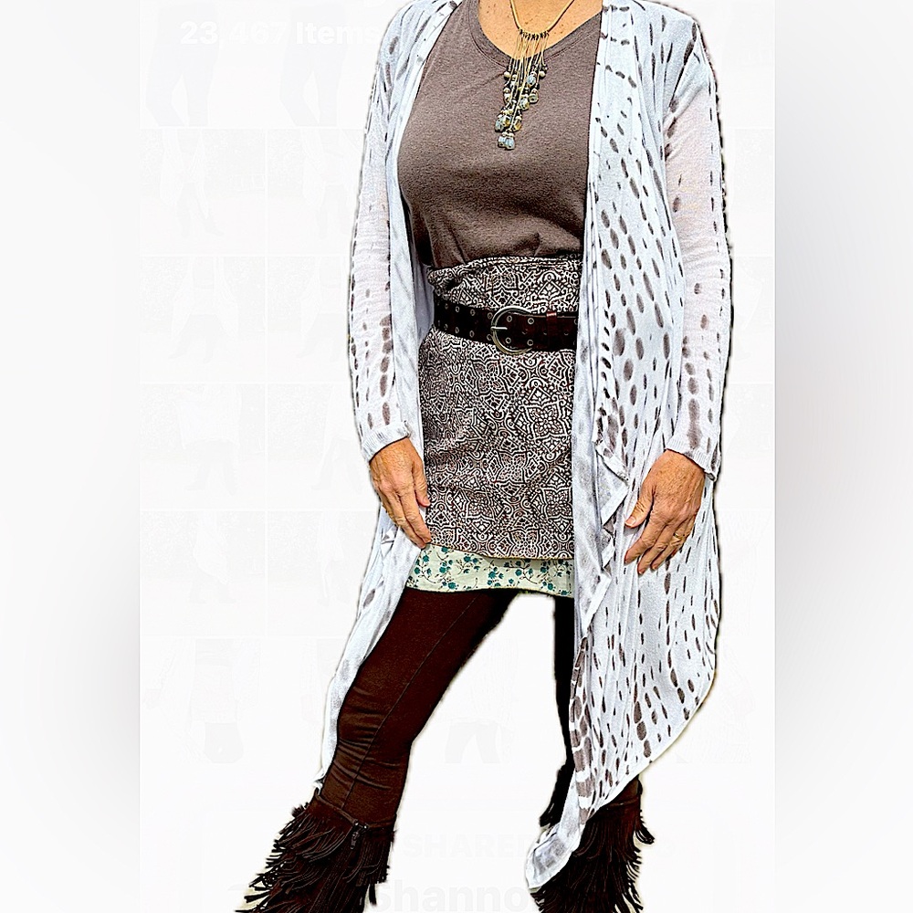 Ava Couture open long duster handkerchief hem cardigan smudge spotted pattern